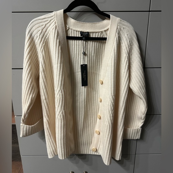 Talbots Cream 100% Merino Wool Thick Cardigan Cuffed Sleeves Sz Medium BNWT - Picture 4 of 9